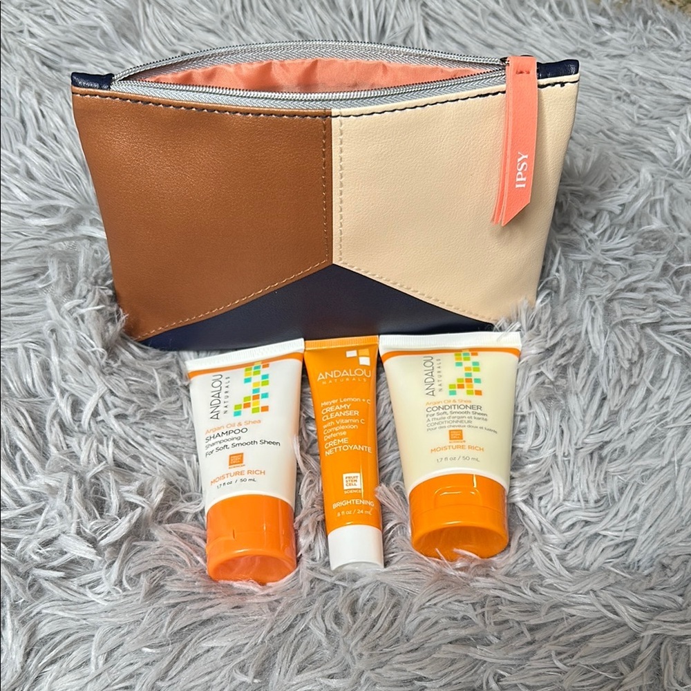 ANDALOU NATURALS HAIR & FACE CLEANSER BUNDLE w/Ipsy TriColor Block Zipped Pouch